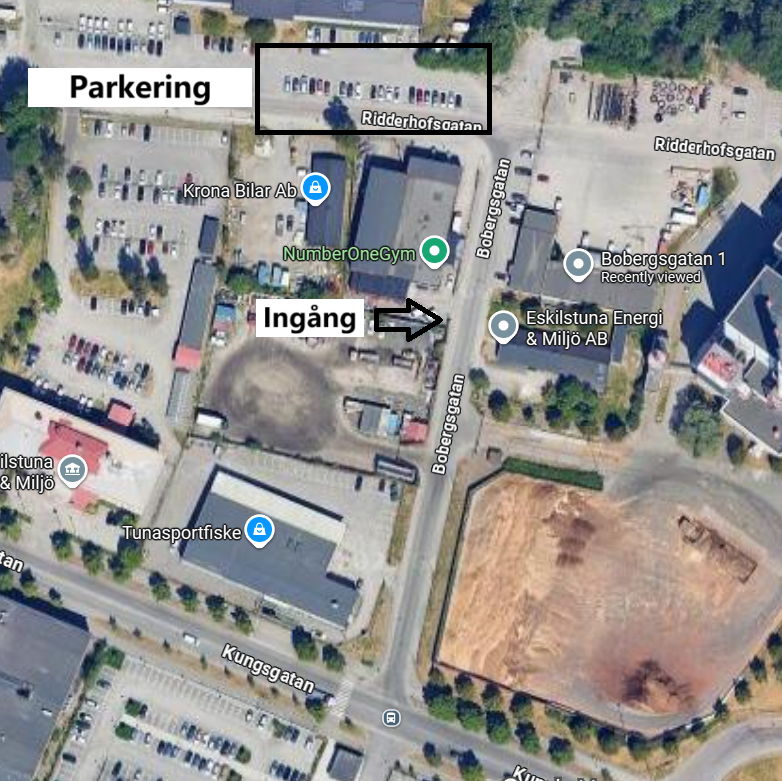 Karta som visar parkering vid Ridderhofsgatan och ingången på Bobergsgatan